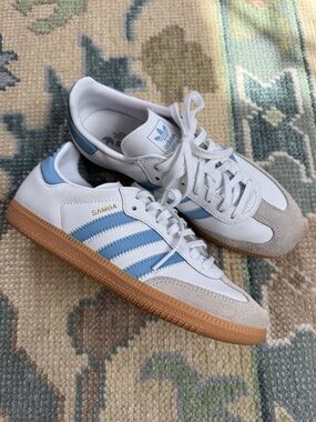 adidas Samba Sneakers in White, Light Blue & Gum
